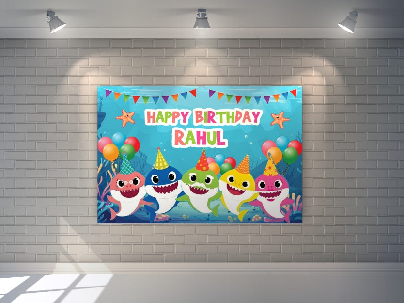 Personalized Baby Shark Theme Birthday Backdrop | Custom Name Party Decor