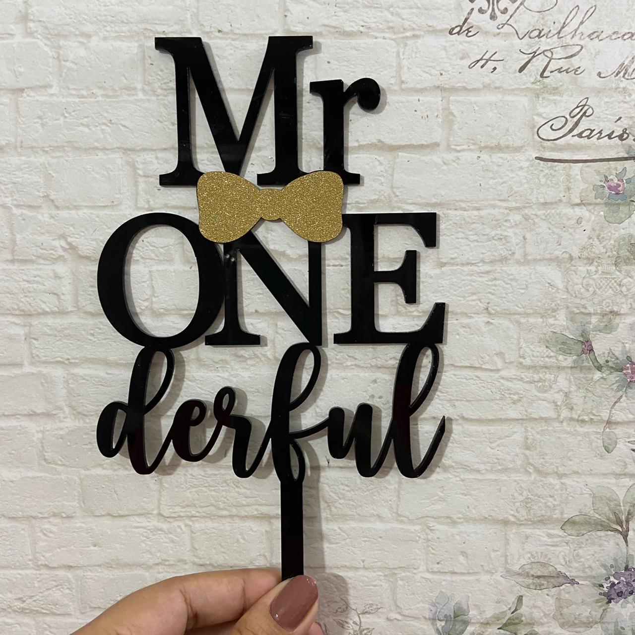 Mr Onederful Cake Topper-Black Glitter Baby Boy Bow Tie First