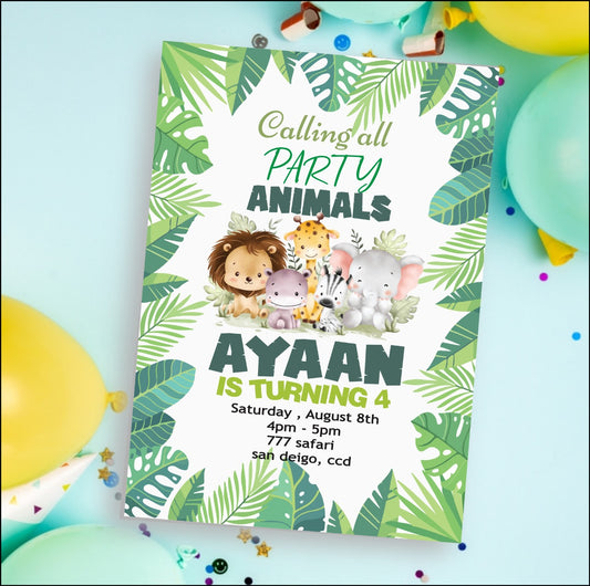 Jungle Safari-Themed Birthday Party Invitation Card - Customizable